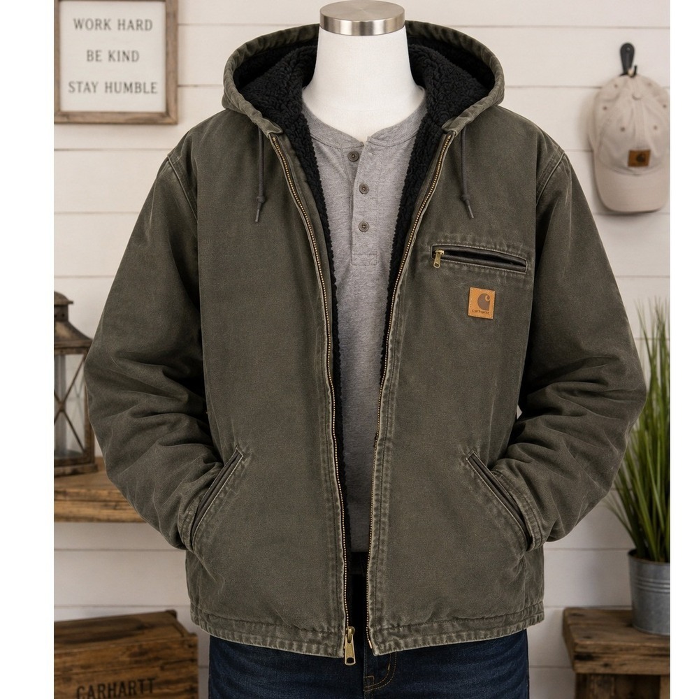 Carhartt Mens Hooded Jacket Moss Green Sherpa Lined Cotton Duck XL